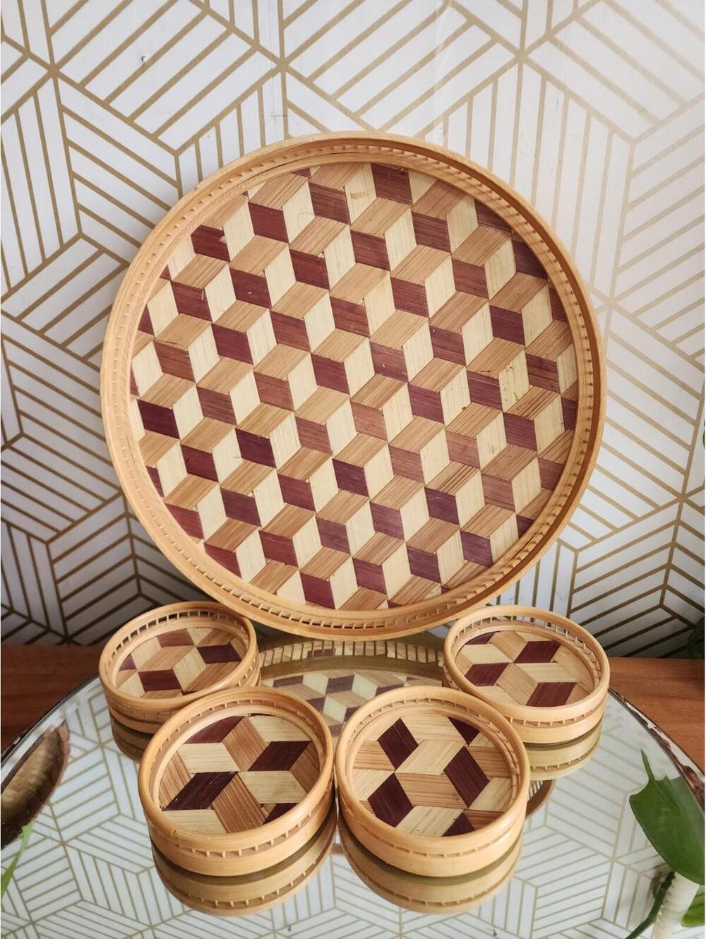 Vintage Bamboo Round Wicker Tray and 5 Coaster Set 1970s